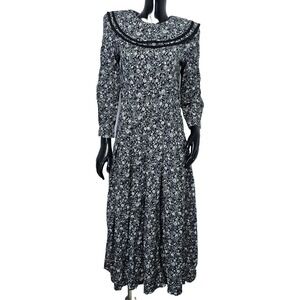 Vintage 90s Nancy‎ Johnson Black White Floral Oversized Bib Collar Maxi Dress